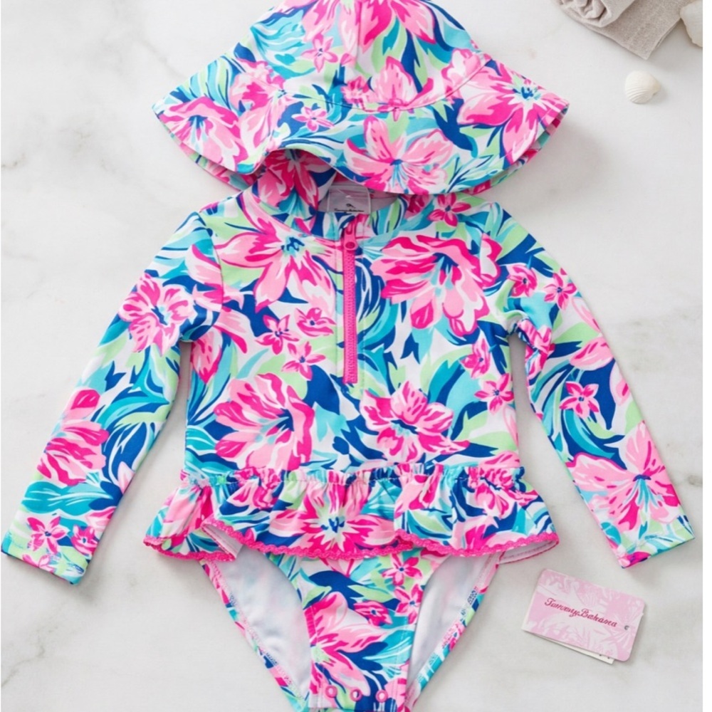 Tommy Bahama Girls Floral Long-Sleeve Rashguard Swimsuit with Hat - Pink & Blue.